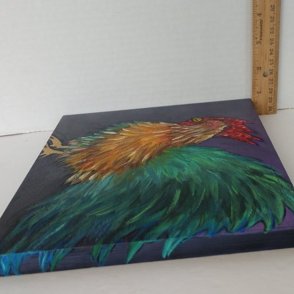 Handmade Painting Of A Rooster On 8x8 Wooden Square Canvas Hand Painted Chicken - Picture 7 of 16